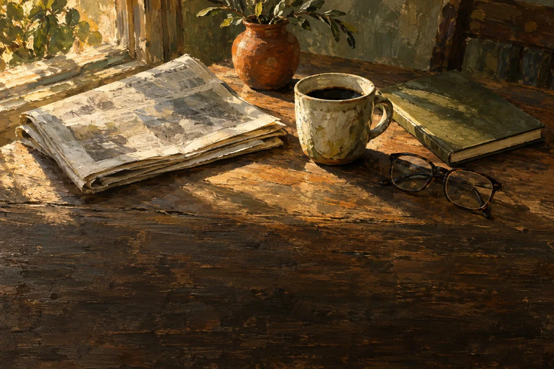 Pintura de um jornal, uma xícara de café e um caderno sobre uma mesa de leitura.