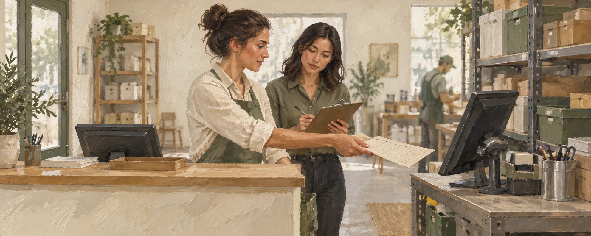 Pintura de duas profissionais observando e registrando um processo entre o balcão de atendimento e o terminal de uma empresa.