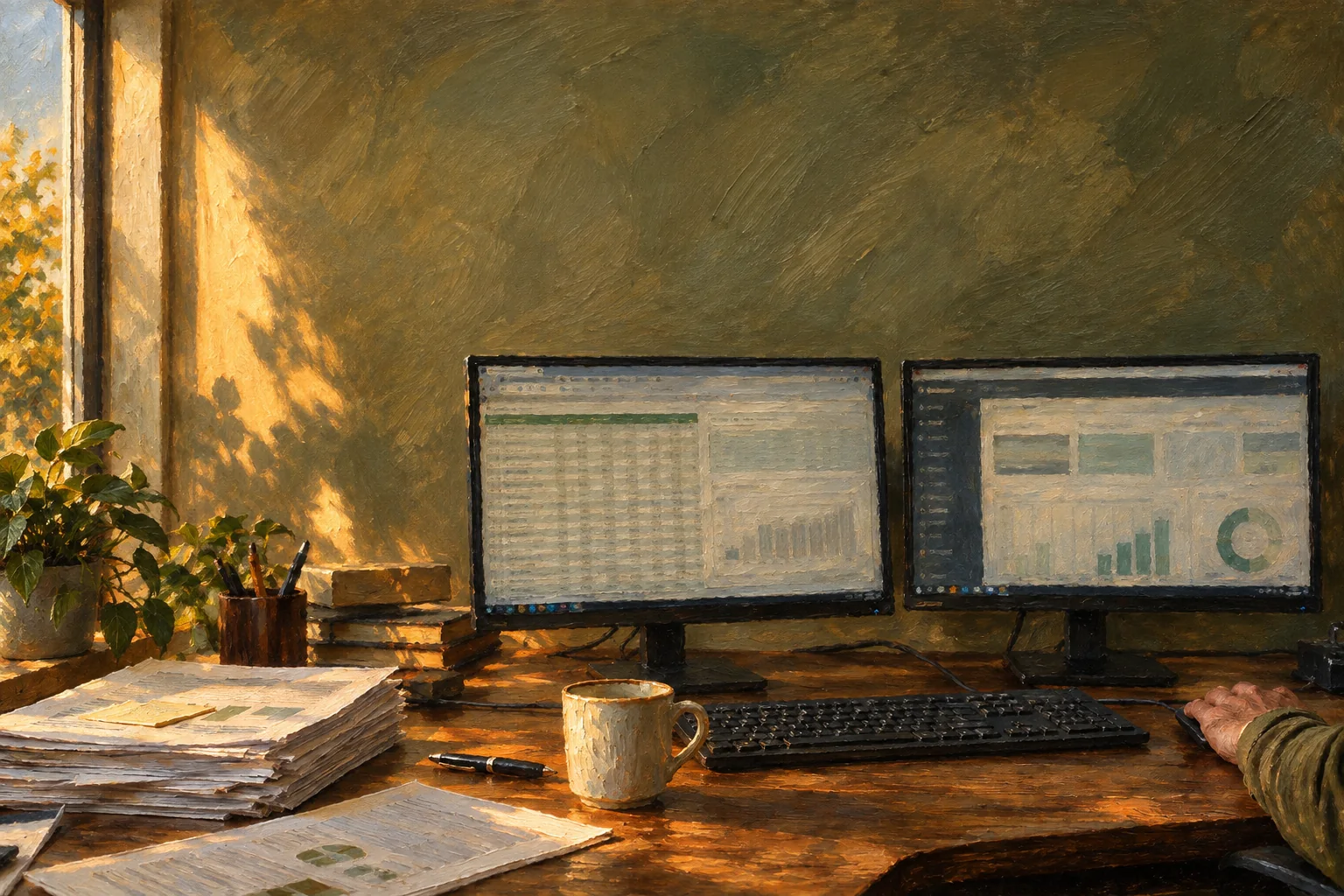 Pintura a óleo de uma estação de trabalho com dois monitores, reunindo planilhas e gráficos. Arte conceitual, não uma captura do projeto.