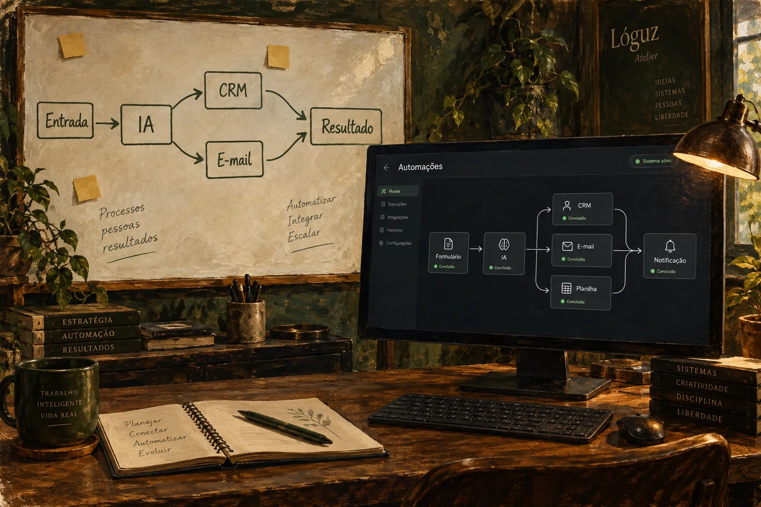 Pintura a óleo de um quadro de planejamento ao lado de um monitor com um fluxo de automação.