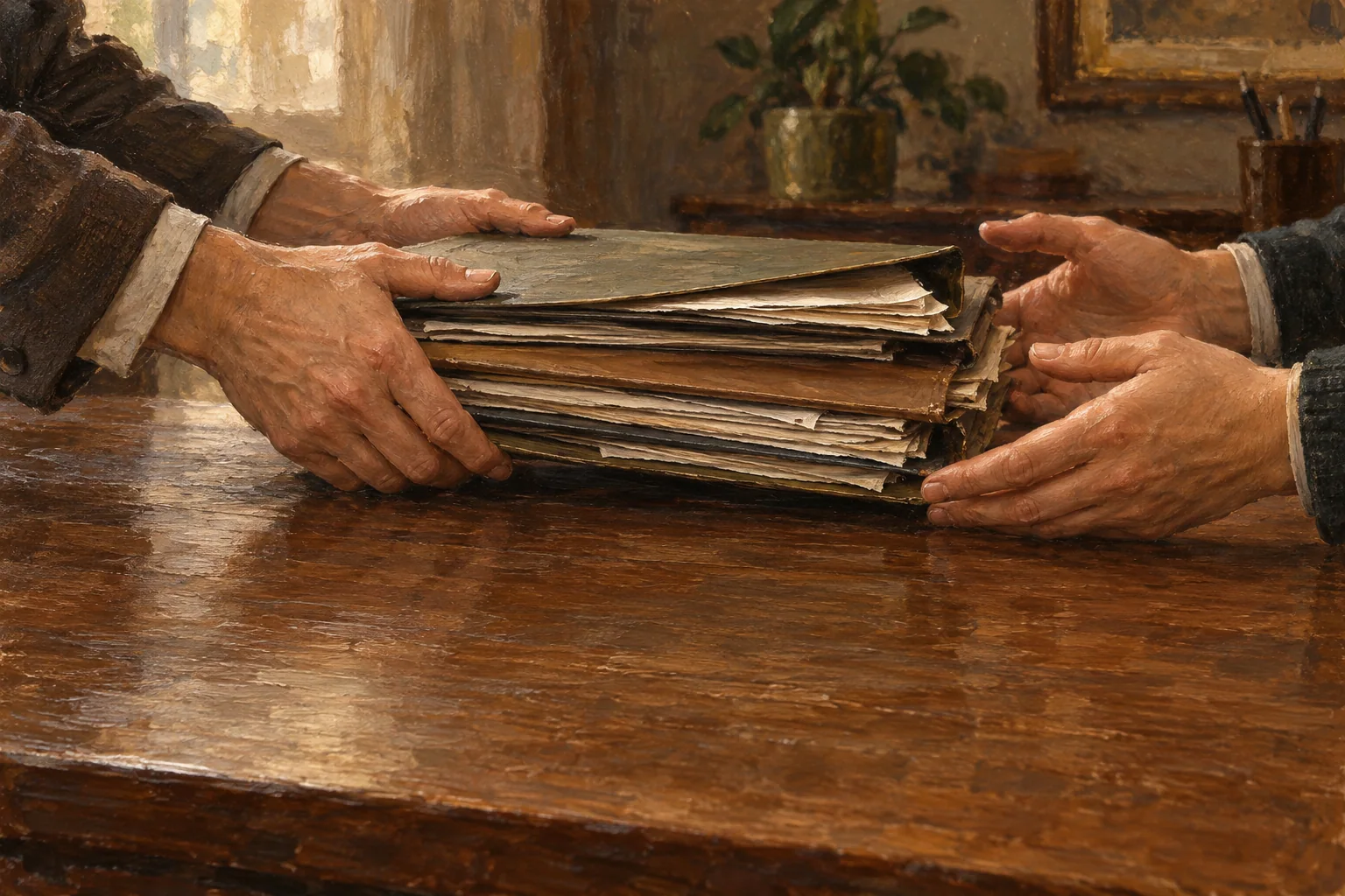 Pintura de mãos compartilhando documentos sobre uma mesa, representando a passagem de informações entre equipes.