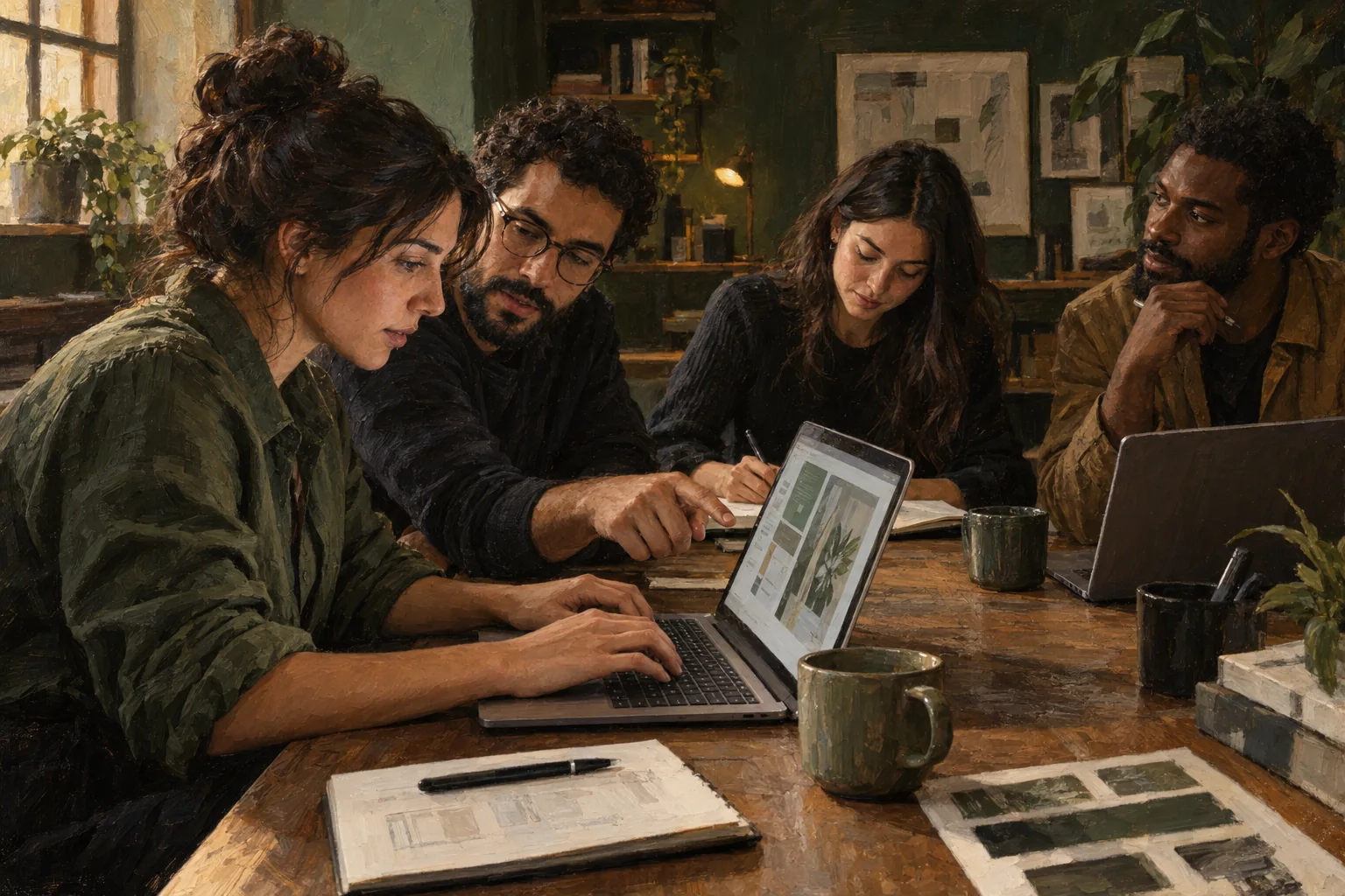 Pintura a óleo de uma equipe reunida ao redor de notebooks, discutindo e aprendendo em conjunto.