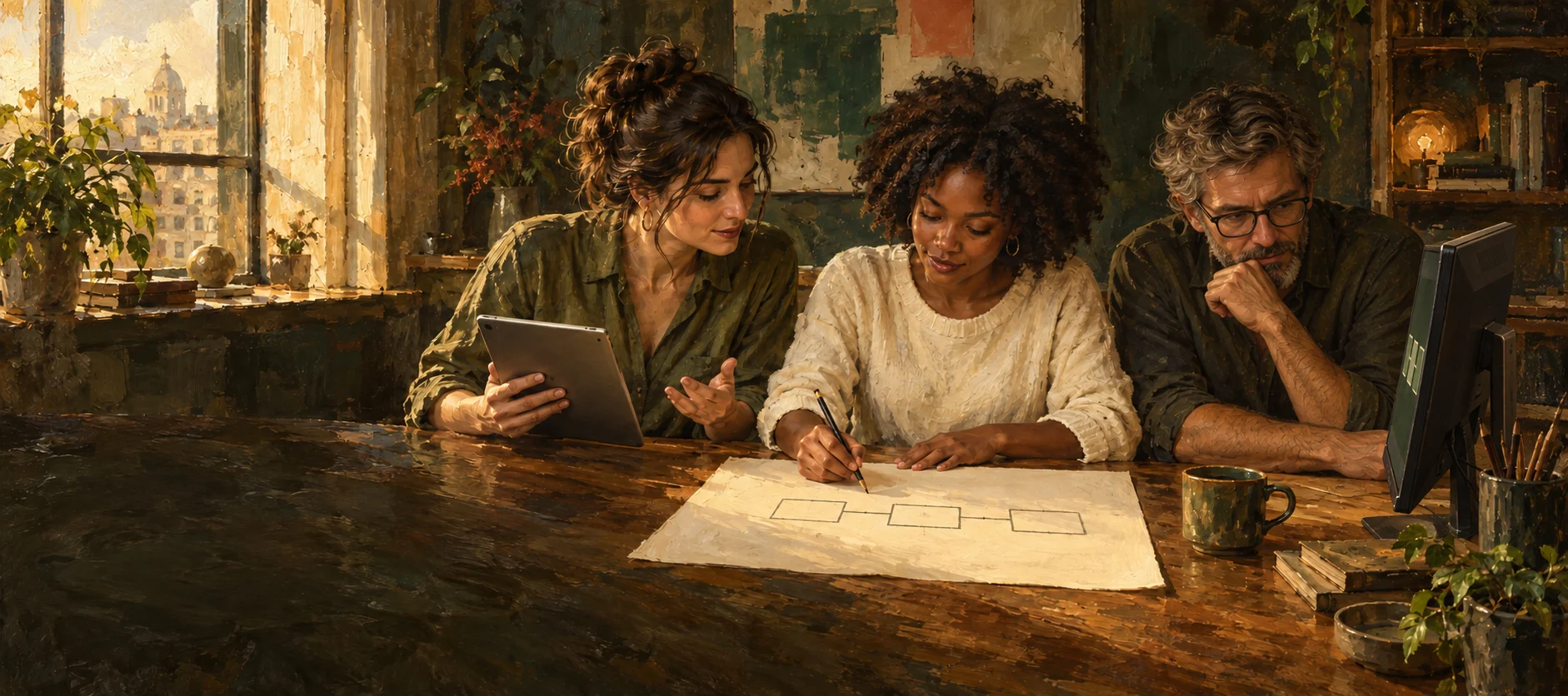 Pintura a óleo de três profissionais desenhando juntos um fluxo de trabalho, com papel, tablet e computador sobre uma mesa iluminada pelo sol.